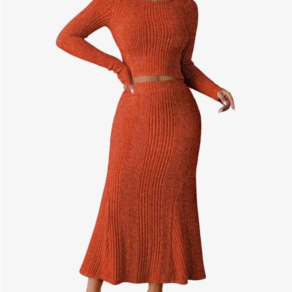 Women's Ribbed Knit Skirt - Rust Orange